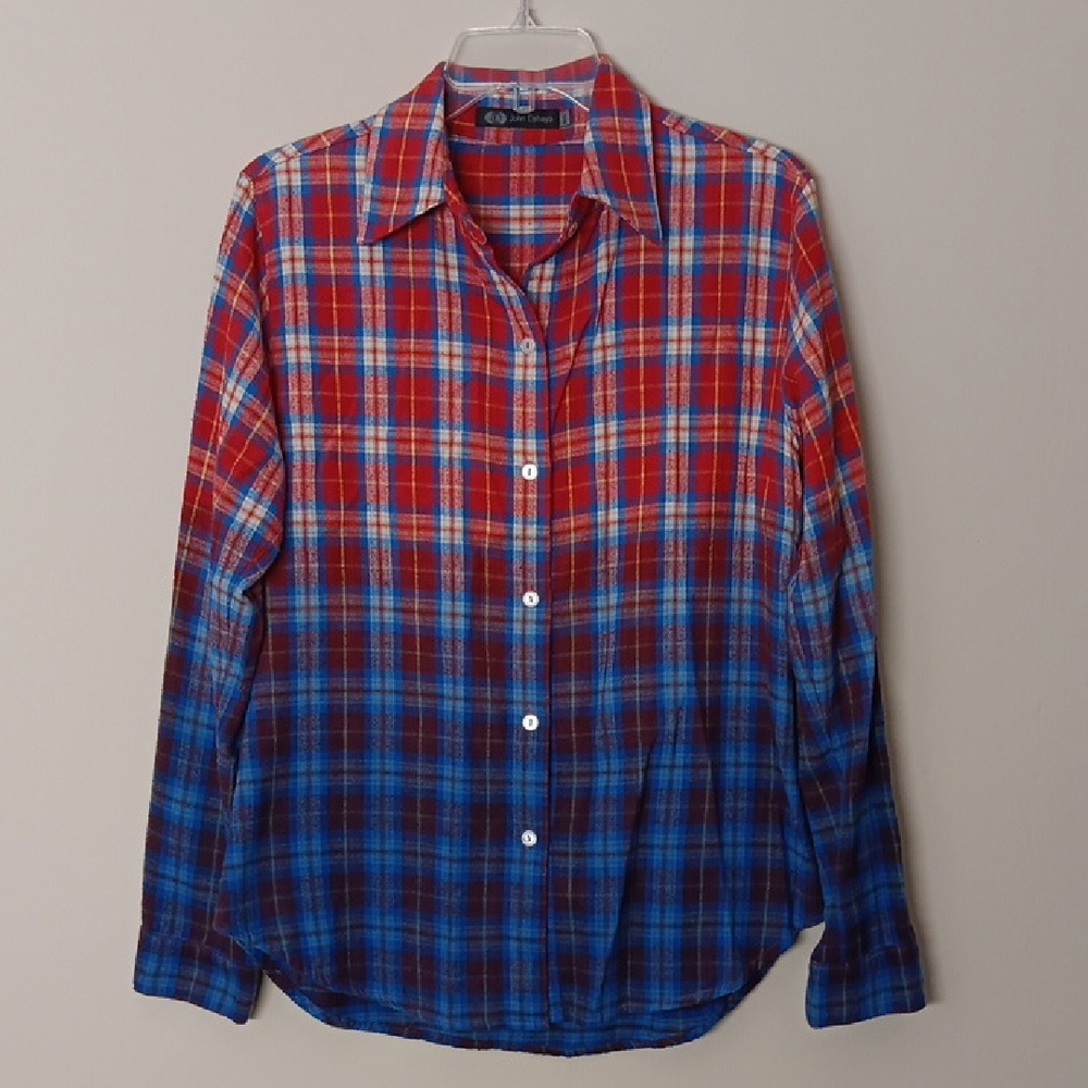 JOHN ESHAYA Button Down Plaid Shirt, Size M/L